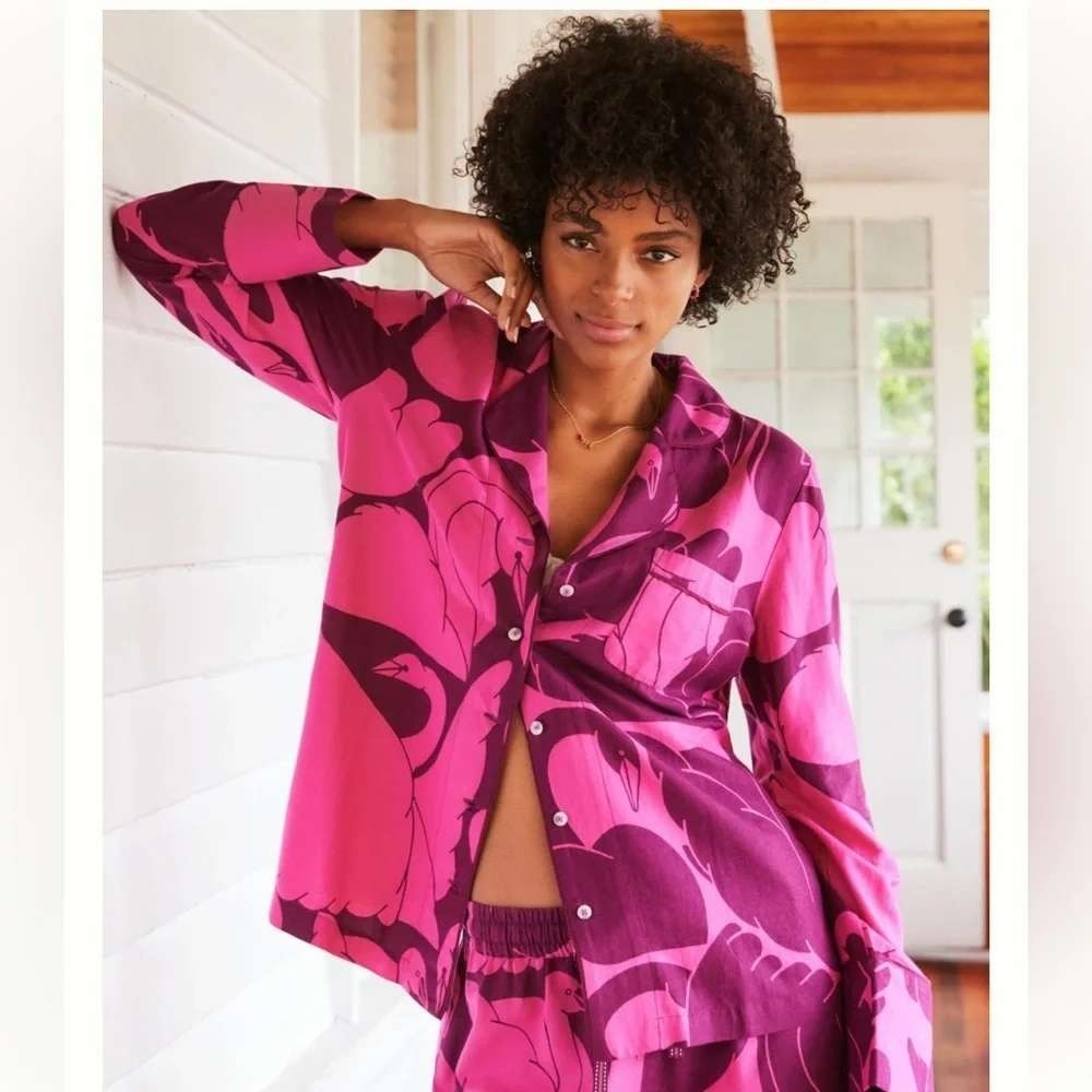 Cecilia Pettersson Anthropologie Swan Soft Flannel‎ Pajama Set Pink Small Medium